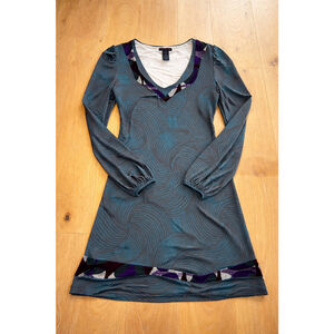 Custo Barcelona Dress Size 4 🌿 Teal Abstract Print Long Sleeve Mini